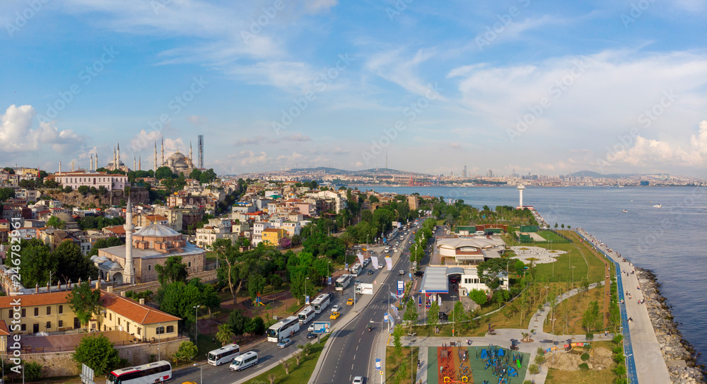 Aerial view on Sultanahmet district with the Blue Mosque and Hagia Sophia in Istanbul