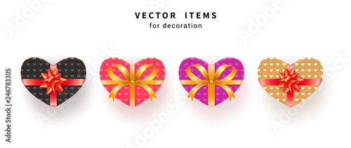 Set of heart shaped gift box with bow and texture wrapping isolated on white background