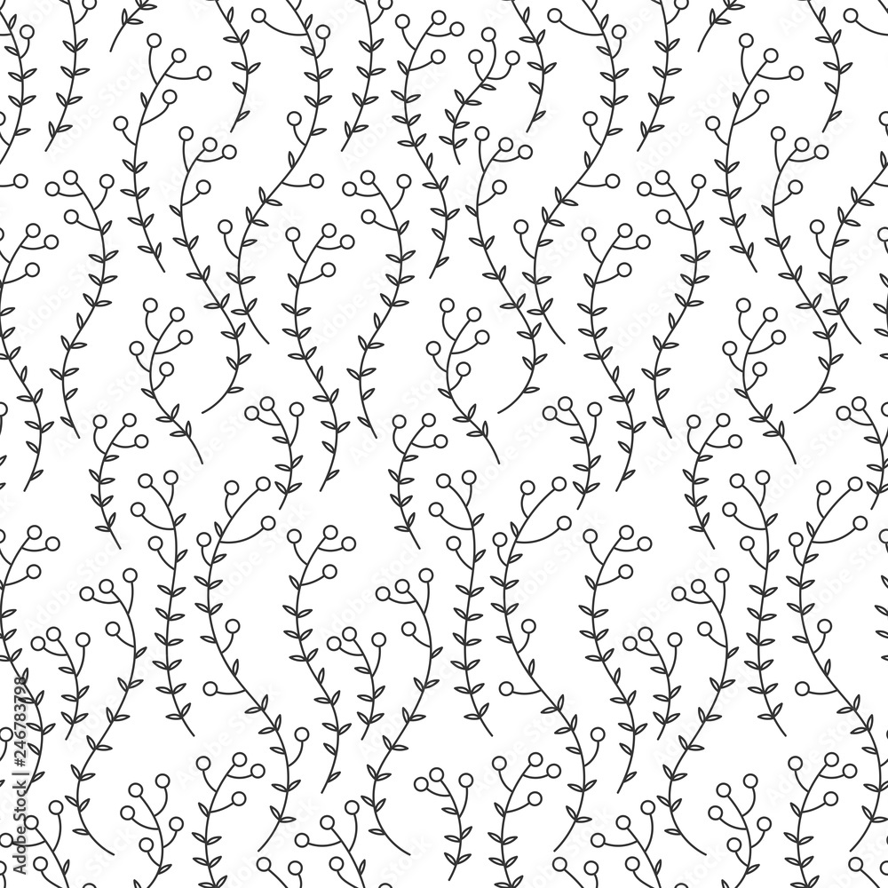 Seamless pattern with elements of twigs with leaves. Black and white ornament. Vector illustration.  