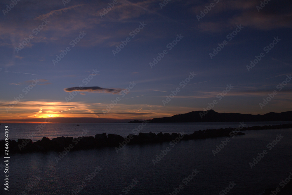 sunset over sea,Portofino,Italy,panorama,seascape,blue,horizon,cloud,evening,night,orange