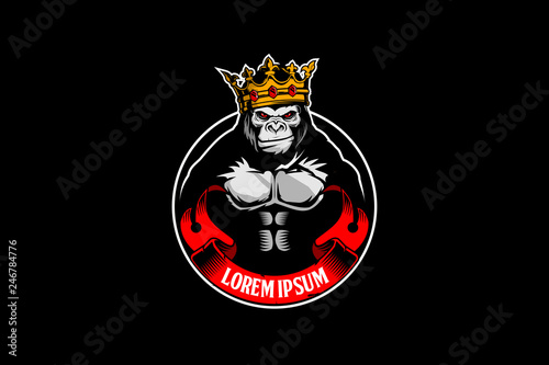 cute gorilla cartoon with a crown vector badge logo template
