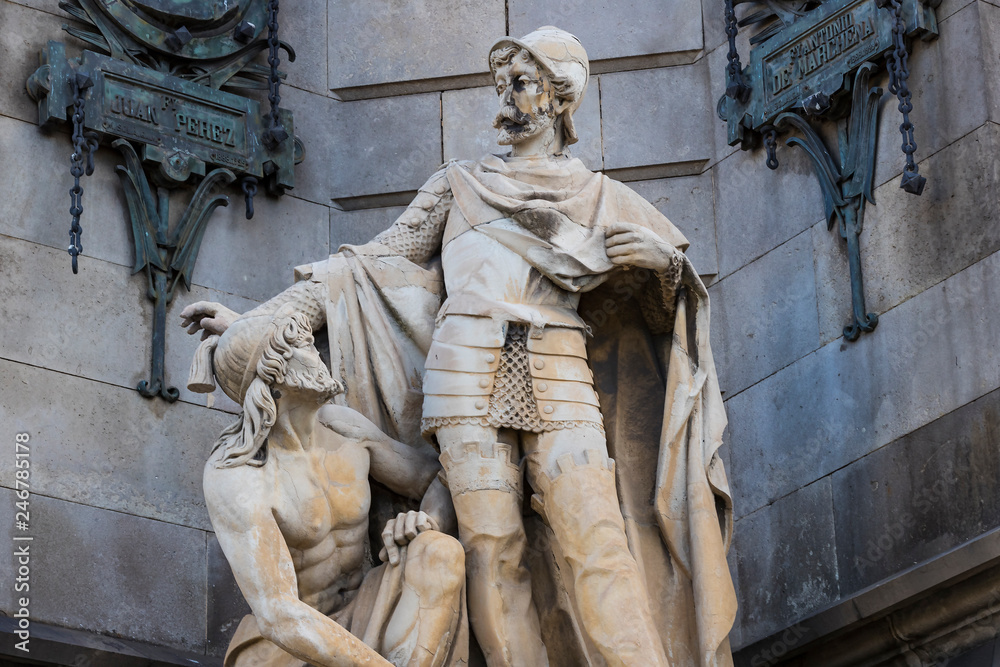 Elements of the monument to Columbus in Barcelona in Spain