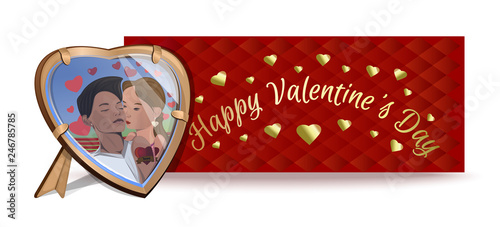 Valentines Day design with couples in love. Photo in the frame on the background of a greeting card. Boy and girl kissing. Vector illustration