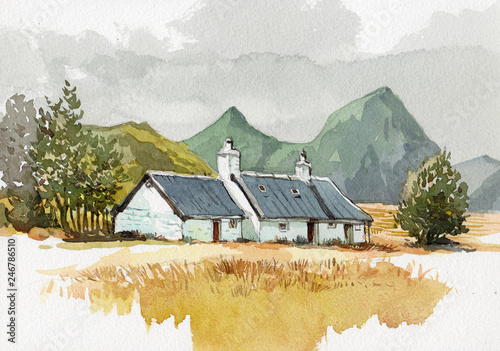 cottage watercolor painting Fototapeta