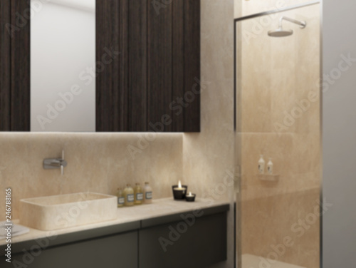 Blur background interior design  modern bathroom with marble details  limestone travertine  sink with wooden furniture and shower with glass  minimalist architecture concept idea