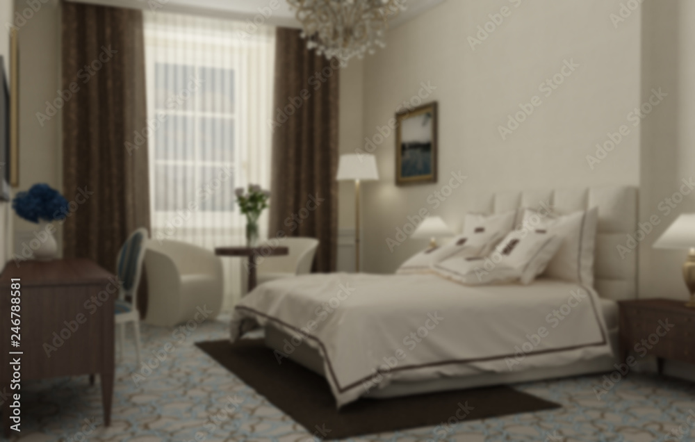 Blur interior design, classic bedroom with master bed and accessories, hotel, resort, spa. Vintage old classic style and decors, background concept idea