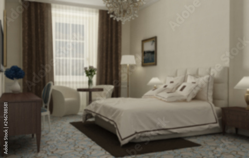 Blur interior design  classic bedroom with master bed and accessories  hotel  resort  spa. Vintage old classic style and decors  background concept idea