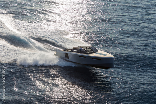 luxury motor boat, aerial view 