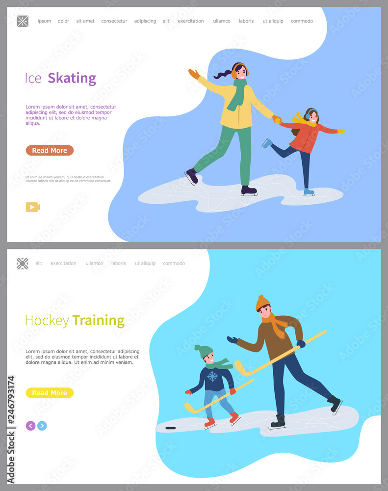 Hockey training and skating on ice rink people spending time outdoors vector. Family days, father son with wooden sticks playing game, sports activity