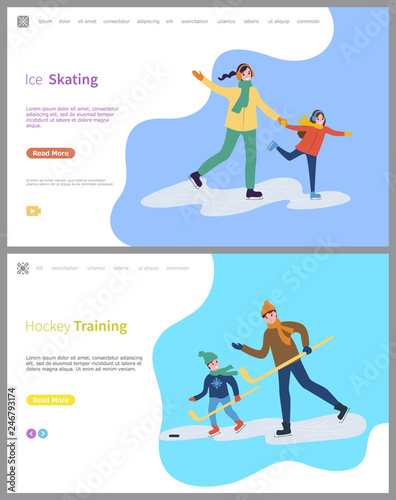 Hockey training and skating on ice rink people spending time outdoors vector. Family days, father son with wooden sticks playing game, sports activity