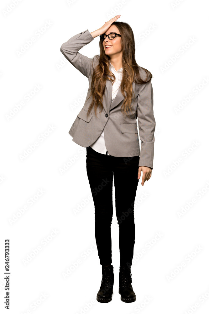 Full-length shot of Business woman has just realized something and has intending the solution on isolated white background Full-length shot of Business woman has just realized something and has intending the solution on isolated white background
