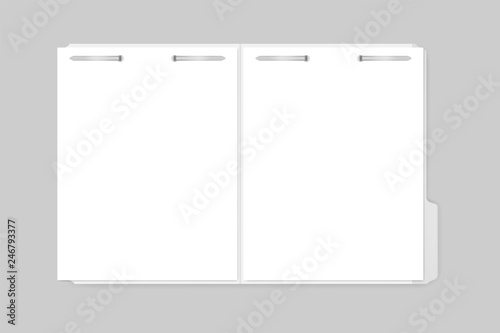Open file folder with tab and metal fastener keeping paper sheets inside