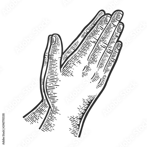 Prayer hands gesture engraving vector illustration. Scratch board style imitation. Black and white hand drawn image.