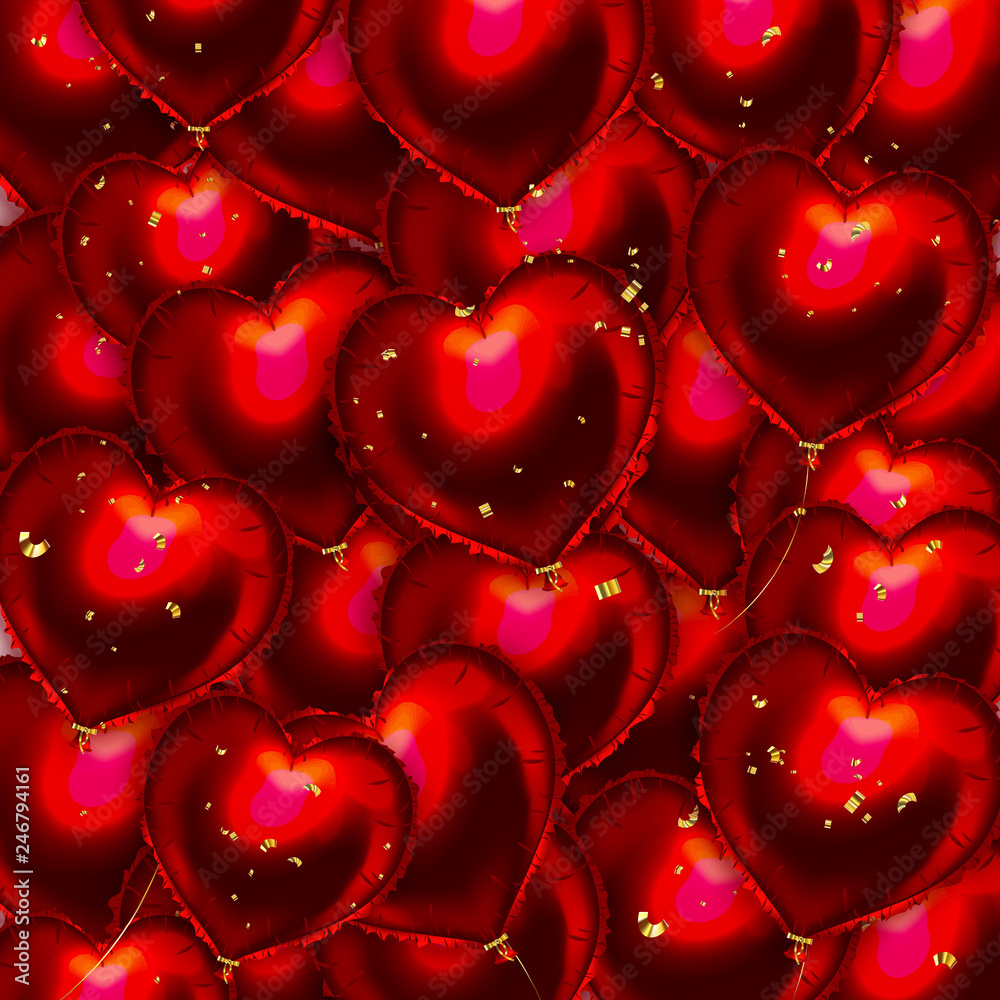 Valentine's Day Background With Red Heart Balloons And Golden Confetti. Romantic Wedding Love Greeting Card. February 14. Vector illustration Valentine's Day Background With Red Heart Balloons And Golden Confetti. Romantic Wedding Love Greeting Card. February 14. Vector illustration