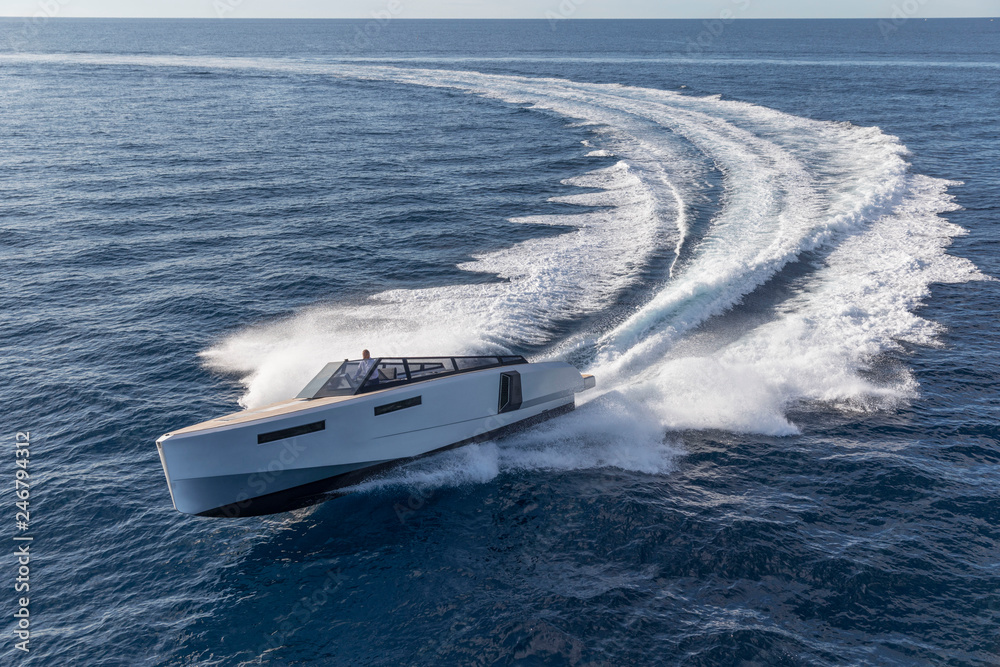 luxury motor boat, aerial view