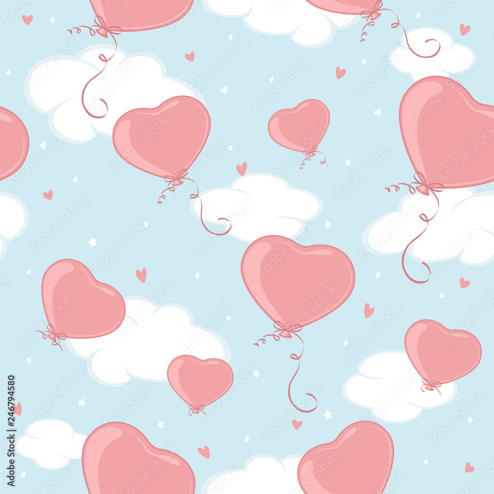 Seamless Background with Valentines Hearts on Blue Sky