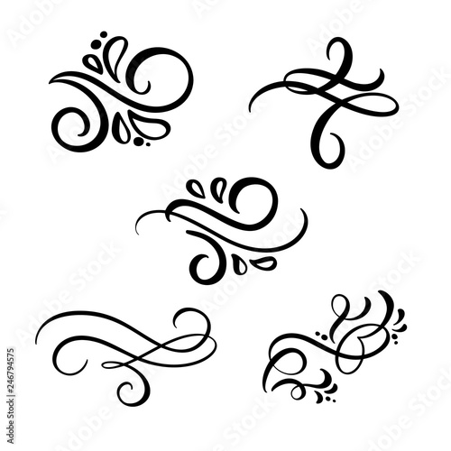 Set of vector vintage line elegant dividers and separators, swirl and corner decorative ornaments. Floral line filigree design elements. Flourish curl elements for invitation or menu page illustration