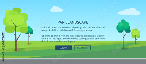 Park landscape web banner with green lawn and trees vector illustration in flat design cartoon style. Outdoors scenery with plants