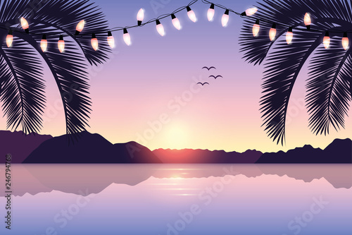 paradise beach summer holiday postcard design with fairy lights vector illustration EPS10