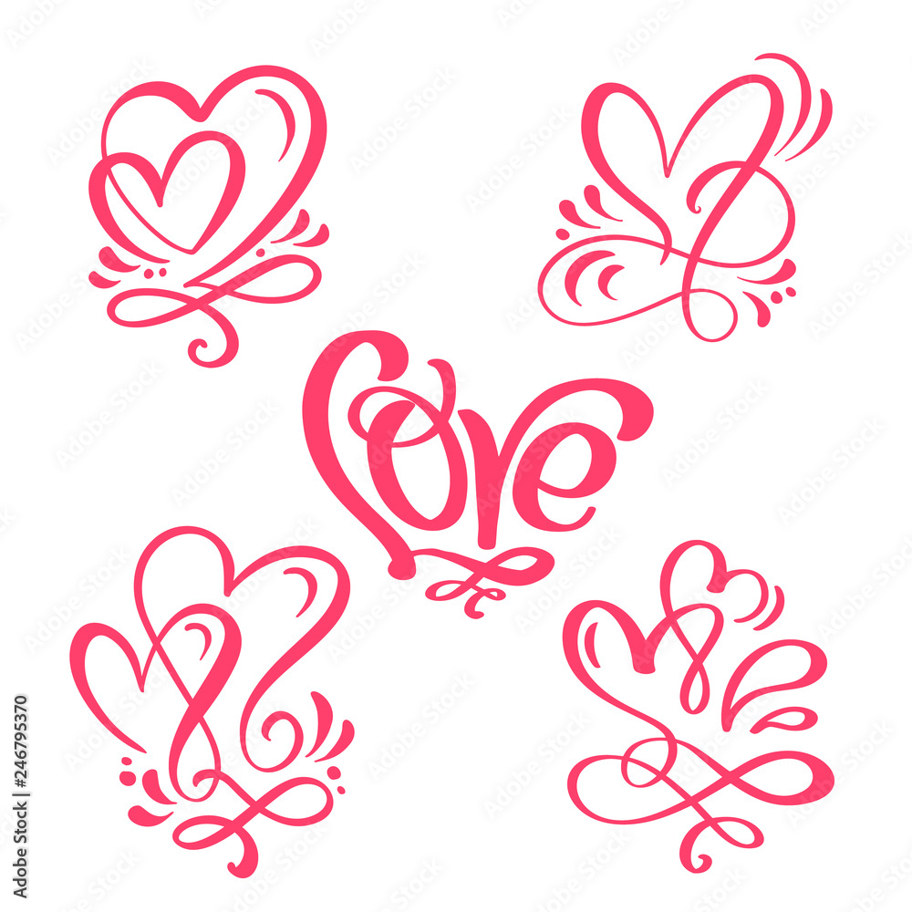 set of red Calligraphy word Love and hearts. Vector Valentines Day Hand Drawn lettering. Holiday Design valentine card. Love decor for web, wedding and print. Isolated illustration