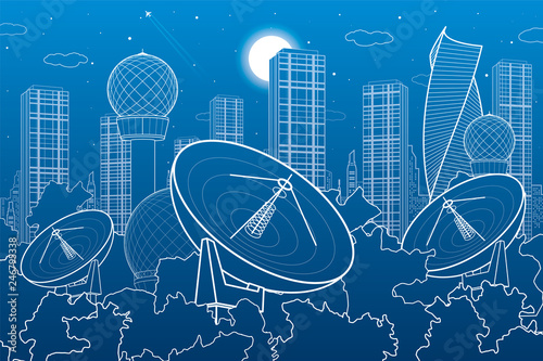 Satellite dishes in the woods, antenna  communication technology, weather station, radar installations, night city, urban scene, vector design art