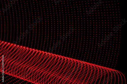 Red dotted lines on black background with abstract shapes.