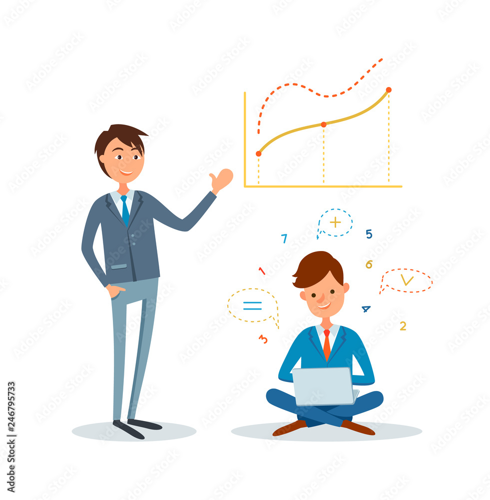 Director working on project, worker calculating numbers, analyzing charts. Financial activity of managers. Work with laptop, numbers accounting vector Director working on project, worker calculating numbers, analyzing charts. Financial activity of managers. Work with laptop, numbers accounting vector