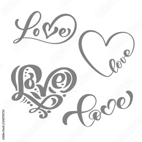 set of grey Calligraphy word Love. Vector Valentines Day Hand Drawn lettering and Hearts. Holiday Design valentine card. Love decor for web, wedding and print. Isolated illustration