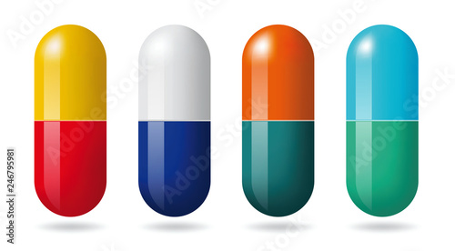 Realistic colorful medical pills  tablets  capsules isolated on white background. 3d pills pharmaceutical vector illustration