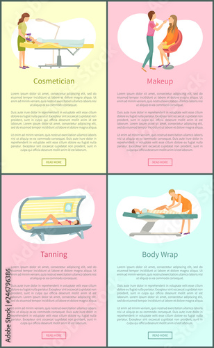 Cosmetician and clients face treatment vector. Posters set with text sample and people working with women, tanning in solarium and body wrap procedure