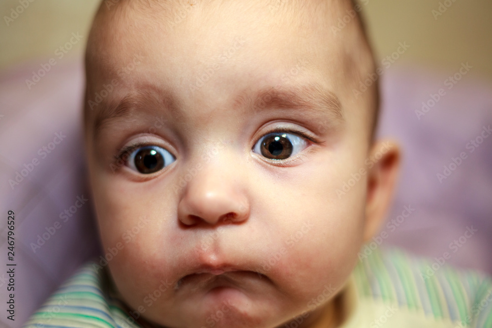 Emotions baby close up, surprise, delight, big bulging eyes;Portrait of a cute baby, facial expression and emotions Emotions baby close up, surprise, delight, big bulging eyes;Portrait of a cute baby, facial expression and emotions