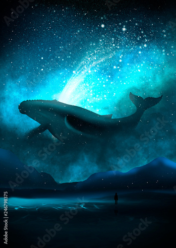 The depths of the sun through the water, the underwater world, the sea floor. Sea fantasy, big whale, sperm whale, the silhouette of a man by the sea. Night view.