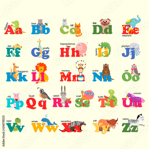 Fototapeta Naklejka Na Ścianę i Meble -  Alphabet with animals, toon. English alphabet, vector illustration.