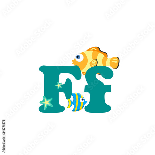 Alphabet for children, letter F, fish, vector illustration.