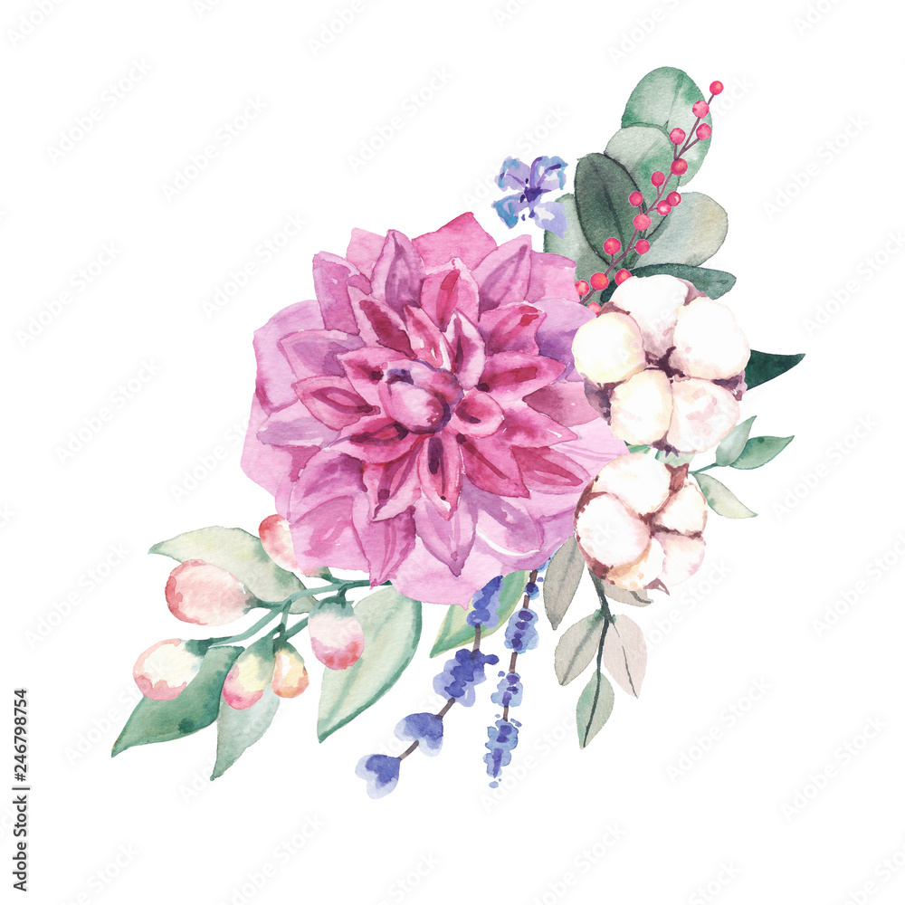 Watercolor hand-painted wedding floral illustration on white background