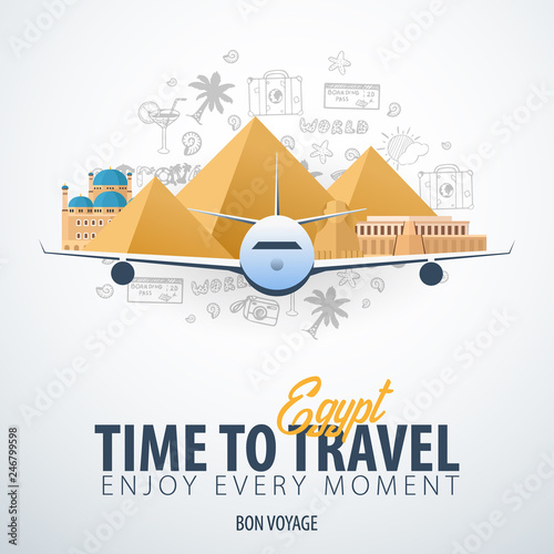 Travel to Egypt. Time to Travel. Banner with airplane and hand-draw doodles on the background. Vector Illustration.