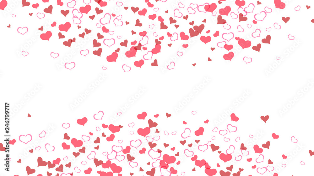 Red hearts of confetti crumbled. Red on White fond Vector. The idea of wallpaper design, textiles, packaging, printing, holiday invitation for birthday. Spring background.