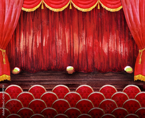 Scene hall curtain and chairs watercolor circus, concert, show, theater illustration hand drawn