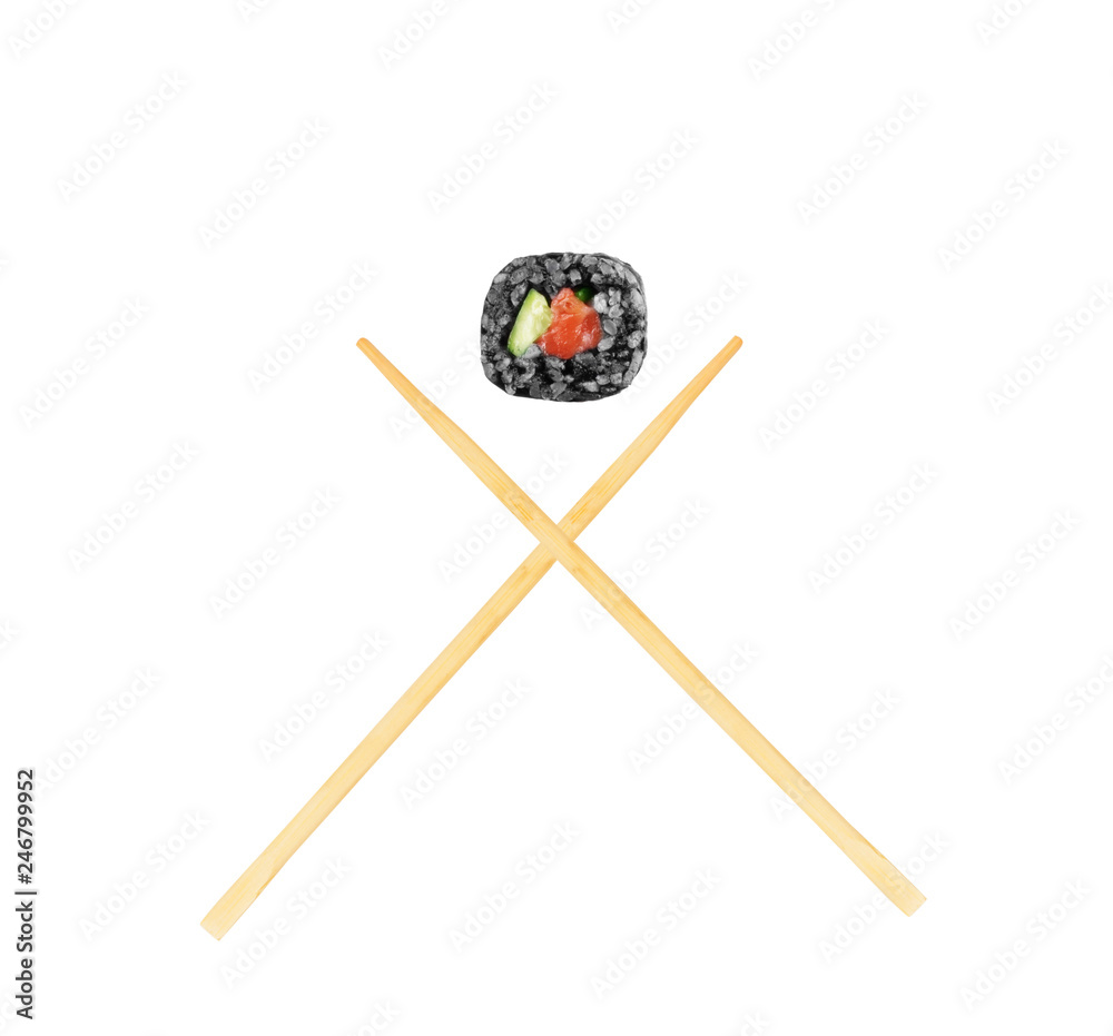 Isolated sushi roll with chopsticks Isolated sushi roll with chopsticks
