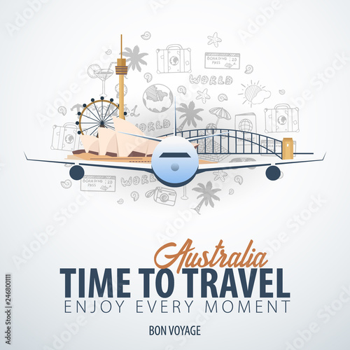 Travel to Australia. Time to Travel. Banner with airplane and hand-draw doodles on the background. Vector Illustration.