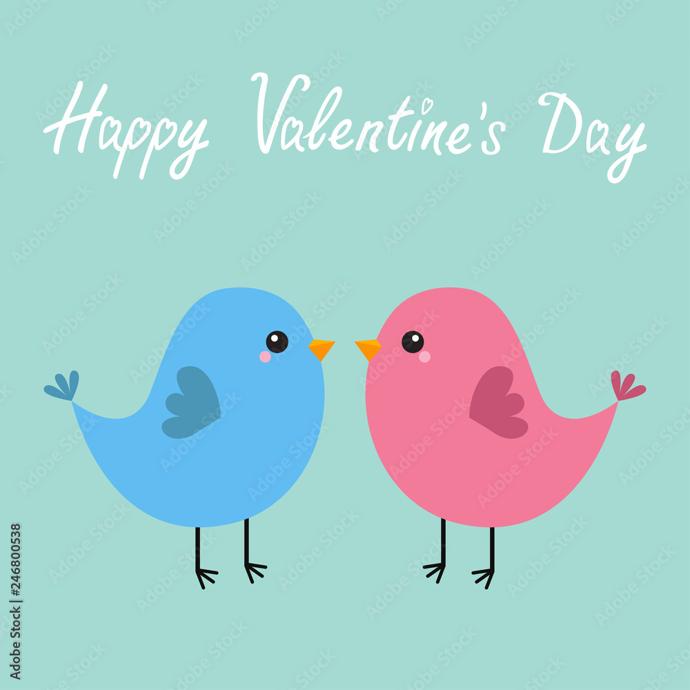 Pink and blue bird couple. Happy Valentines Day. Love Greeting card. Cute cartoon kawaii character. Flat design. Baby background. Isolated.