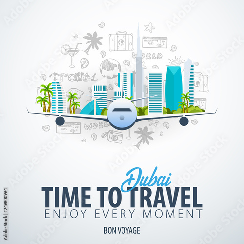 Travel to Dubai, UAE. Time to Travel. Banner with airplane and hand-draw doodles on the background. Vector Illustration.