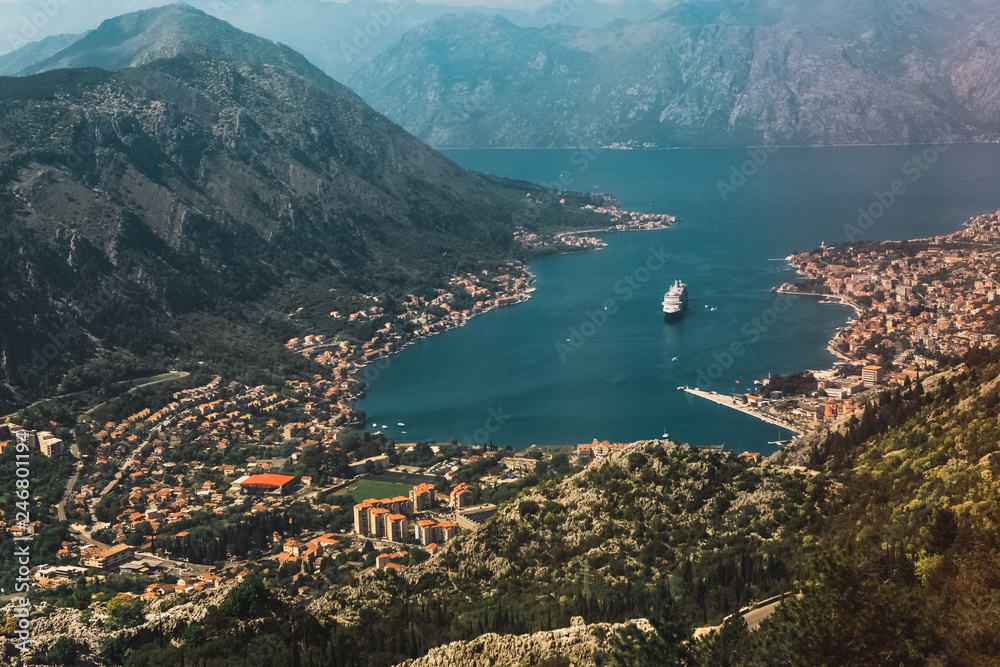 Lifestyle mountain peaks. Bay of Kotor. Montenegro freedom and travel.