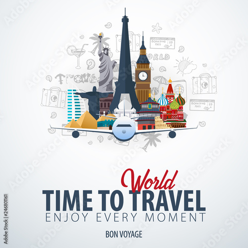 Travel Around the World. Time to Travel. Banner with airplane and hand-draw doodles on the background. Vector Illustration.
