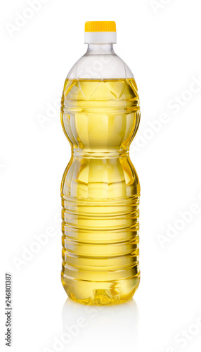 Vegetable or sunflower oil in plastic bottle isolated on white background