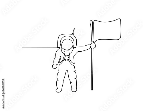 Space one line art. Continuous single drawn one line astronaut, astronaut on the moon with flag cosmic silhouette.