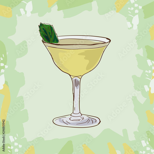 Basil gimlet cocktail illustration. Alcoholic classic bar drink hand drawn vector. Pop art
