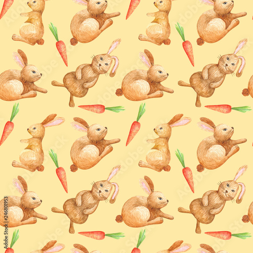  seamless watercolor pattern for Easter with different elements  Easter rabbit. ideal for fabric  wrapping paper  decor