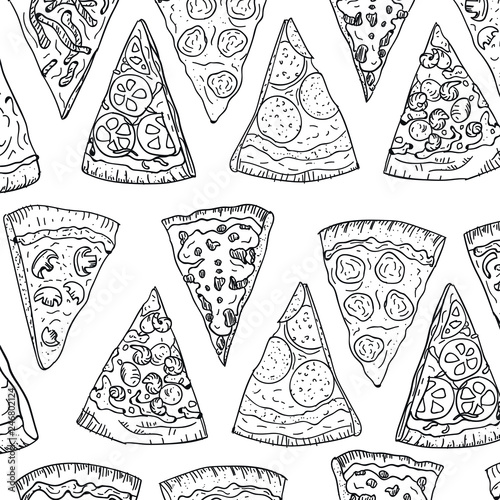 Pattern pizza slices hand drawing in doodle style isolated on white background. Doodle pattern drawing cut pizza top view. Italian cuisine and pizzeria design.