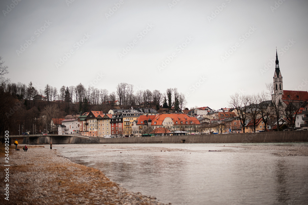 Fototapeta premium Bad Toelz, Germany - March 10, 2018: Old town Bad Toelz and Isar river in Bavaria